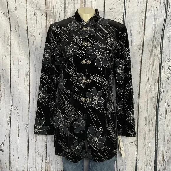 NWT Vintage JBS LTD Velvet & Silver Glitter Flowers Asian Style Tunic Top - Picture 1 of 9